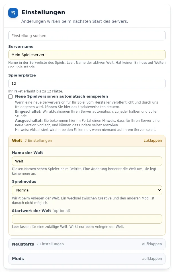„Einstellungen“ (Settings) card of a Core Keeper server with the „Welt“ (World) group expanded: world name, game mode and seed
