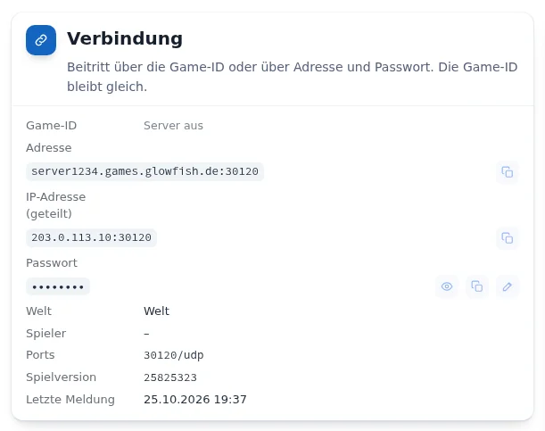 „Verbindung“ (Connection) card of a Core Keeper server with Game ID, address, IP address and password
