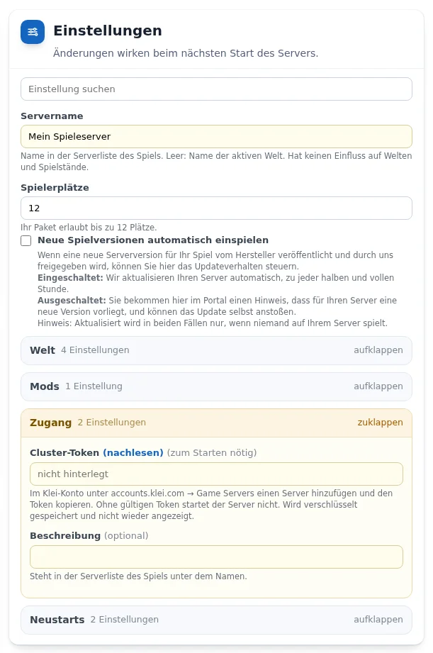 Karte „Einstellungen“ eines Don't-Starve-Together-Servers mit aufgeklappter Gruppe „Zugang“, Feld „Cluster-Token“ und Feld „Beschreibung“