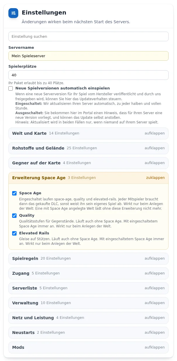 „Einstellungen“ (Settings) card of a Factorio server with the groups and the expanded „Erweiterung Space Age“ group