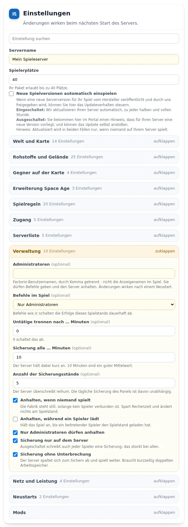 „Verwaltung“ (Administration) group of a Factorio server with administrators, in-game commands, saves and pausing