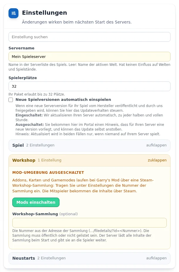 Karte „Einstellungen“ eines Garry's-Mod-Servers mit aufgeklappter Gruppe „Workshop“, Knopf „Mods einschalten“ und Feld „Workshop-Sammlung“