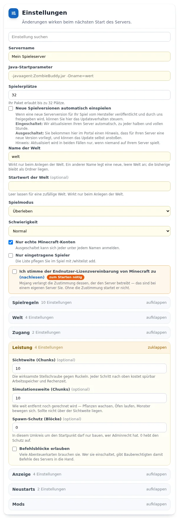 Gruppe „Leistung“ eines Minecraft-Servers mit Sichtweite, Simulationsweite, Spawn-Schutz und Befehlsblöcken