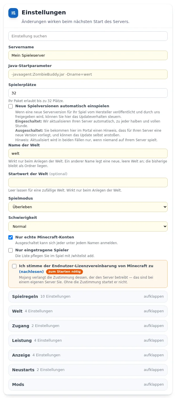 Karte „Einstellungen“ eines neuen Minecraft-Servers mit Name und Startwert der Welt, Spielmodus, Schwierigkeit und der Zustimmung zur Lizenzvereinbarung