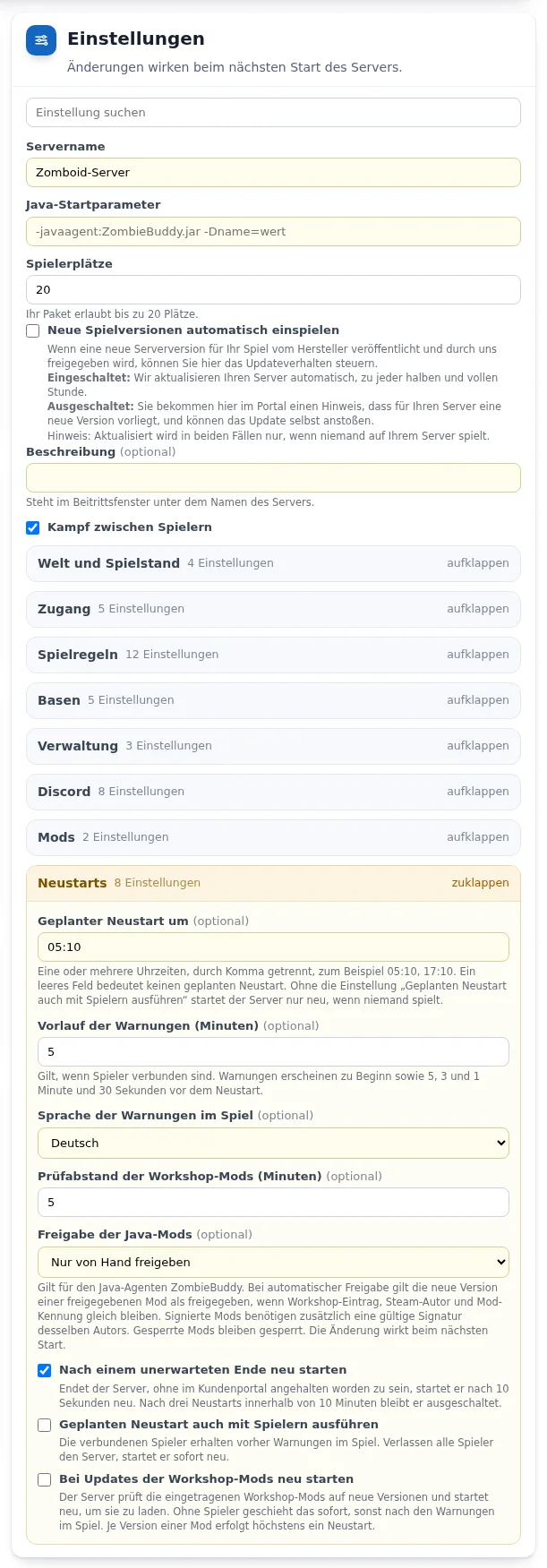 Karte „Einstellungen“ mit aufgeklappter Gruppe „Neustarts“: Uhrzeiten, Vorlauf und Sprache der Warnungen, Prüfabstand, Freigabe der Java-Mods und drei Schalter