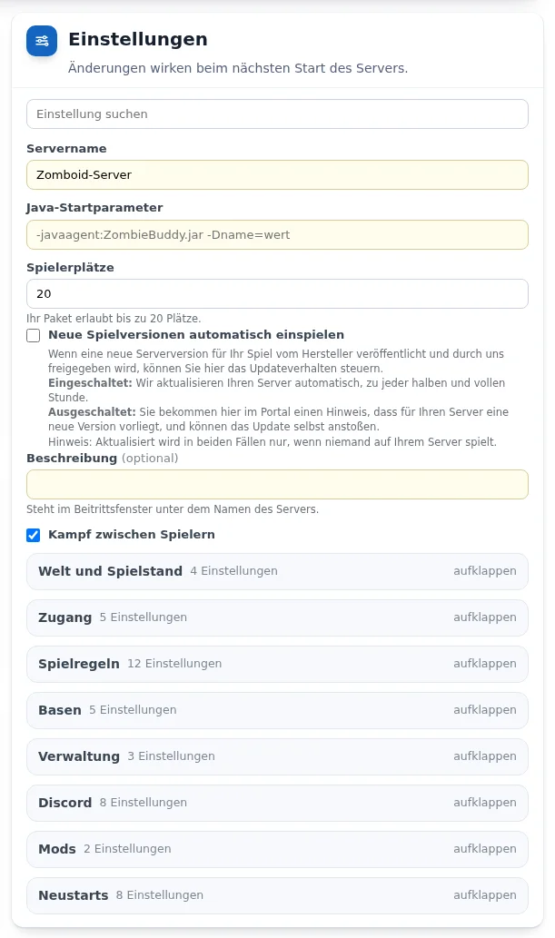 Karte „Einstellungen“ mit Suchfeld, Servername, Java-Startparametern, Spielerplätzen und zugeklappten Gruppen