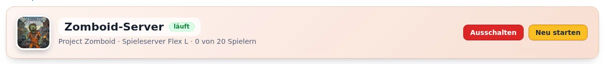 Kopf der Serverseite mit Zustand „läuft“ und den Knöpfen „Ausschalten“ und „Neu starten“