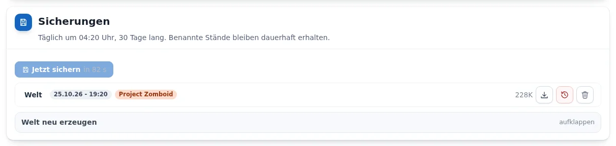 Karte „Sicherungen“ mit Knopf „Jetzt sichern“, einer Sicherung und den Knöpfen Herunterladen, Zurückspielen und Löschen