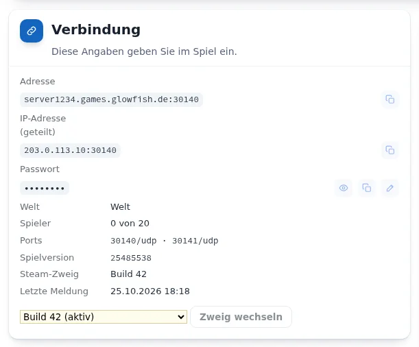 Karte „Verbindung“ mit Adresse, IP-Adresse, Passwort, Ports, Spielversion und Steam-Zweig