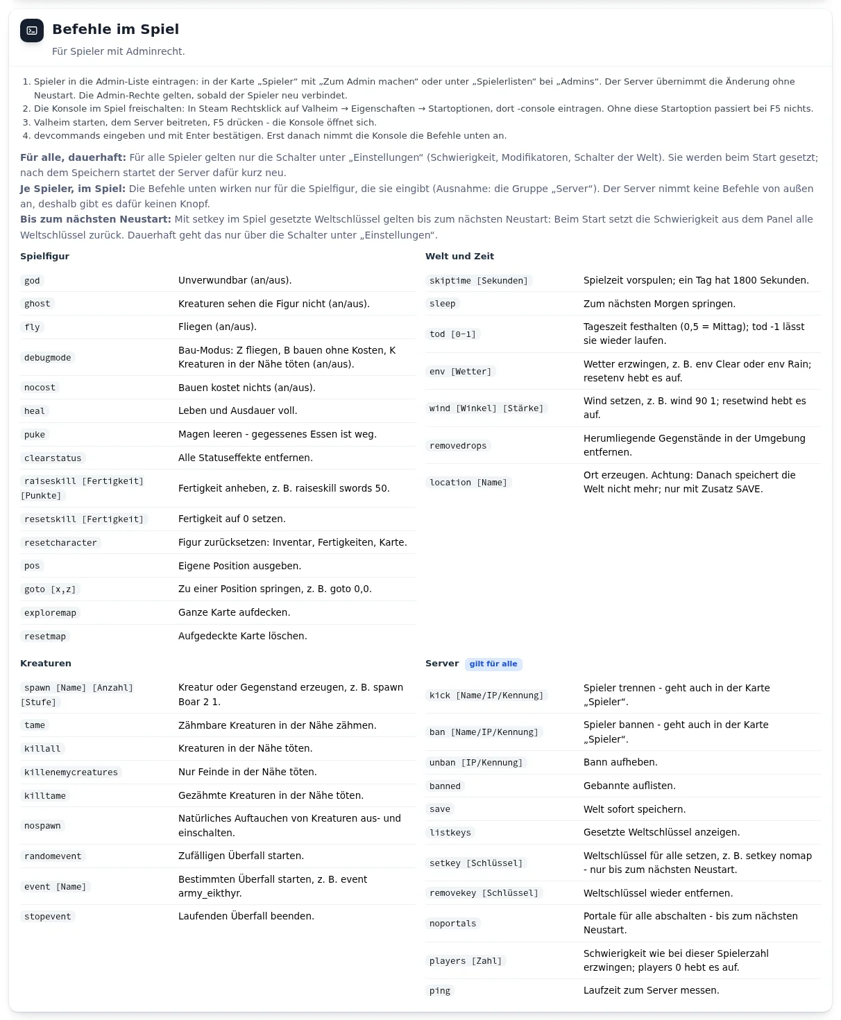 Karte „Befehle im Spiel“ mit Anleitung zur Konsole und Befehlslisten für Spielfigur, Welt und Zeit, Kreaturen und Server