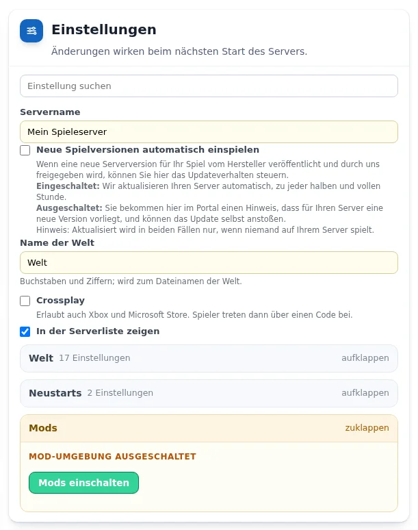 Karte „Einstellungen“ eines Valheim-Servers mit Name der Welt, Crossplay, Serverliste und den Gruppen „Welt“, „Neustarts“ und „Mods“