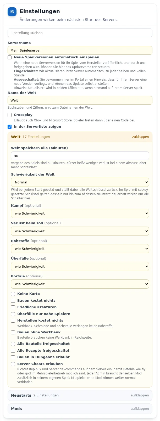 Gruppe „Welt“ eines Valheim-Servers mit Speicherabstand, Schwierigkeit, Modifikatoren und Schaltern