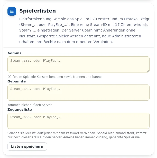 Karte „Spielerlisten“ mit den Feldern Admins, Gebannte und Zugangsliste und dem Knopf „Listen speichern“